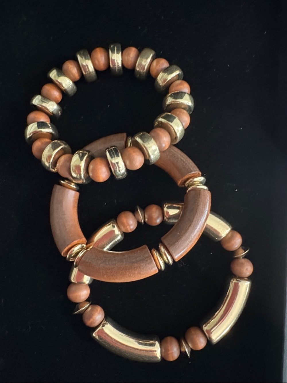 Wood and Gold-Tone Beaded Stretch Bracelet Set - Brown